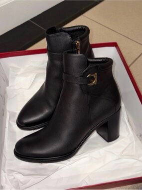 Ferragamo Black Leather Ankle Boots with Gold Accent - Women